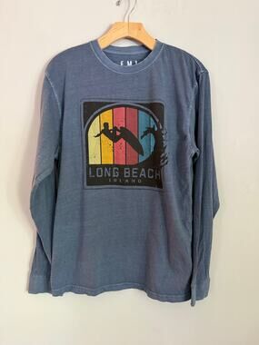Blue long sleeve shirt Long Beach Island with rainbow and surfer